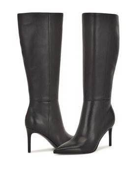 Nine West Cook Wide Calf Boots Black Leather Pointed Toe Knee High Stiletto 7.5